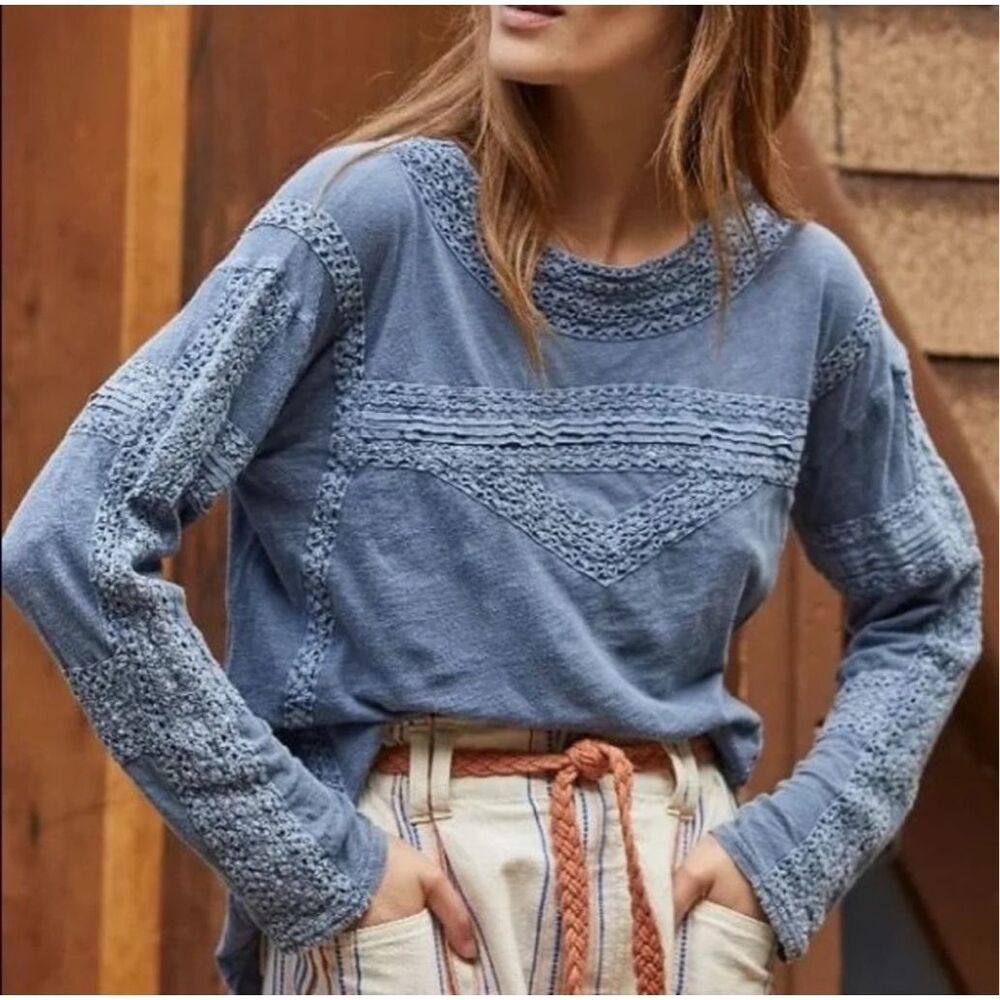 Free People Womens Boy Meets Girl Crochet Long Sleeve Top‎ Pacific Coast XS NWT